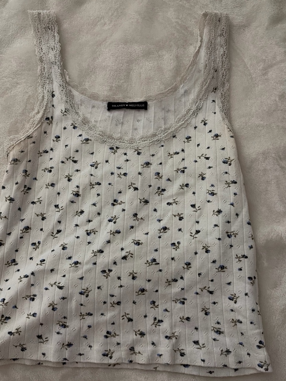 Brandy Melville White Ribbed Tank with Blue Floral Print
